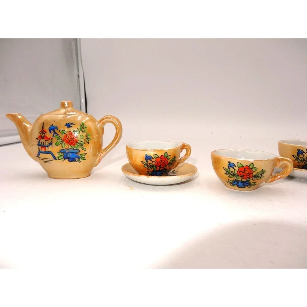 Vintage Lusterware Childs Floral Porcelain 10 Piece Orange/Peach &‎ Blue TeaSet